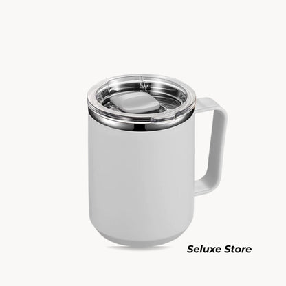 450ml Stainless Steel Thermal Mug with Handle – Double Wall Insulated Coffee & Tea Cup, Anti-Scald, Leakproof Travel Tumbler (White)