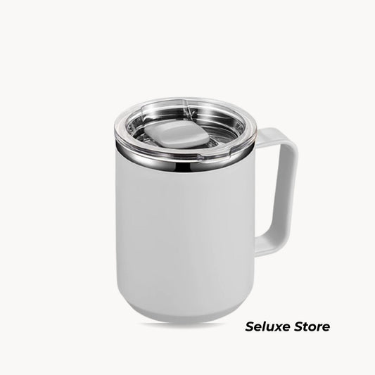 450ml Stainless Steel Thermal Mug with Handle – Double Wall Insulated Coffee & Tea Cup, Anti-Scald, Leakproof Travel Tumbler (White)
