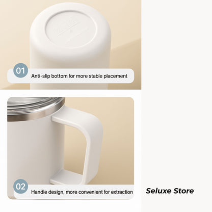 450ml Stainless Steel Thermal Mug with Handle – Double Wall Insulated Coffee & Tea Cup, Anti-Scald, Leakproof Travel Tumbler (White)