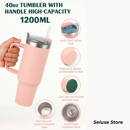 Stainless Steel Insulated Tumbler with Handle and Straw 40oz – Large Capacity Vacuum Thermos for Hot & Cold Drinks, Travel & Office Mug