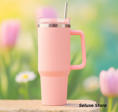 Stainless Steel Insulated Tumbler with Handle and Straw 40oz – Large Capacity Vacuum Thermos for Hot & Cold Drinks, Travel & Office Mug