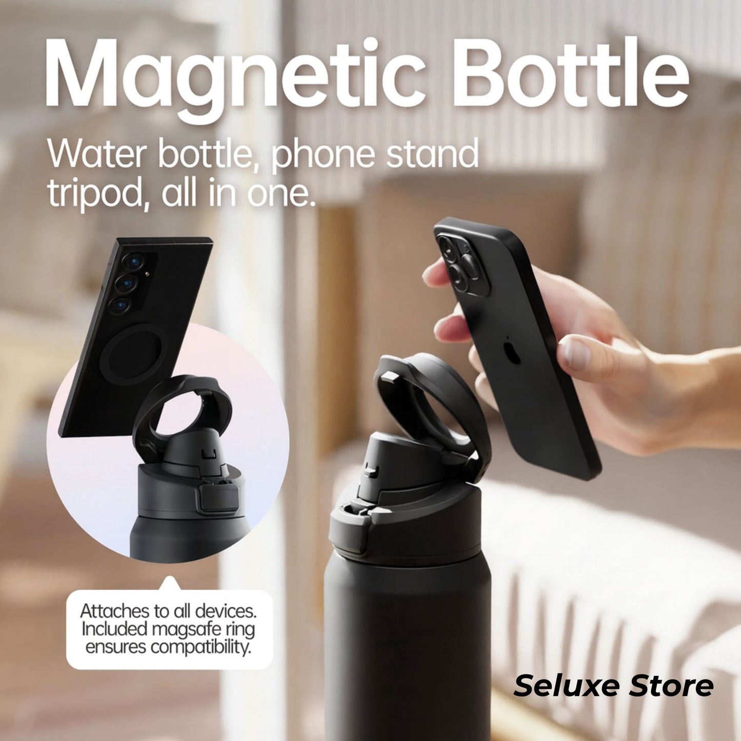 Magnetic Sports Water Bottle – Stainless Steel Thermos with Phone Holder & Leakproof Lid 32 oz
