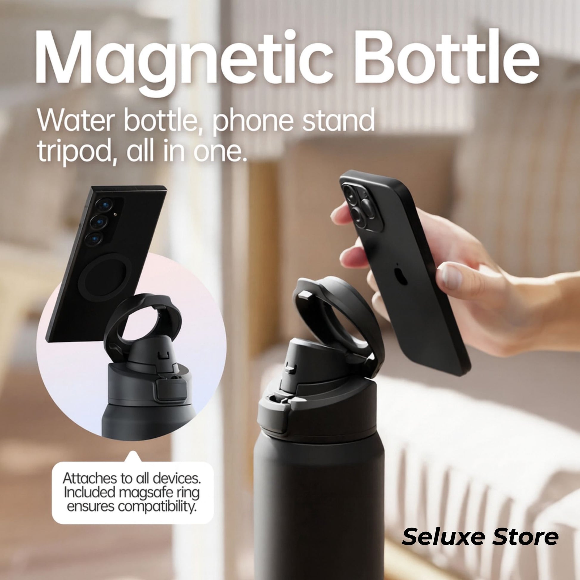 Magnetic Sports Water Bottle – Stainless Steel Thermos with Phone Holder & Leakproof Lid 32 oz