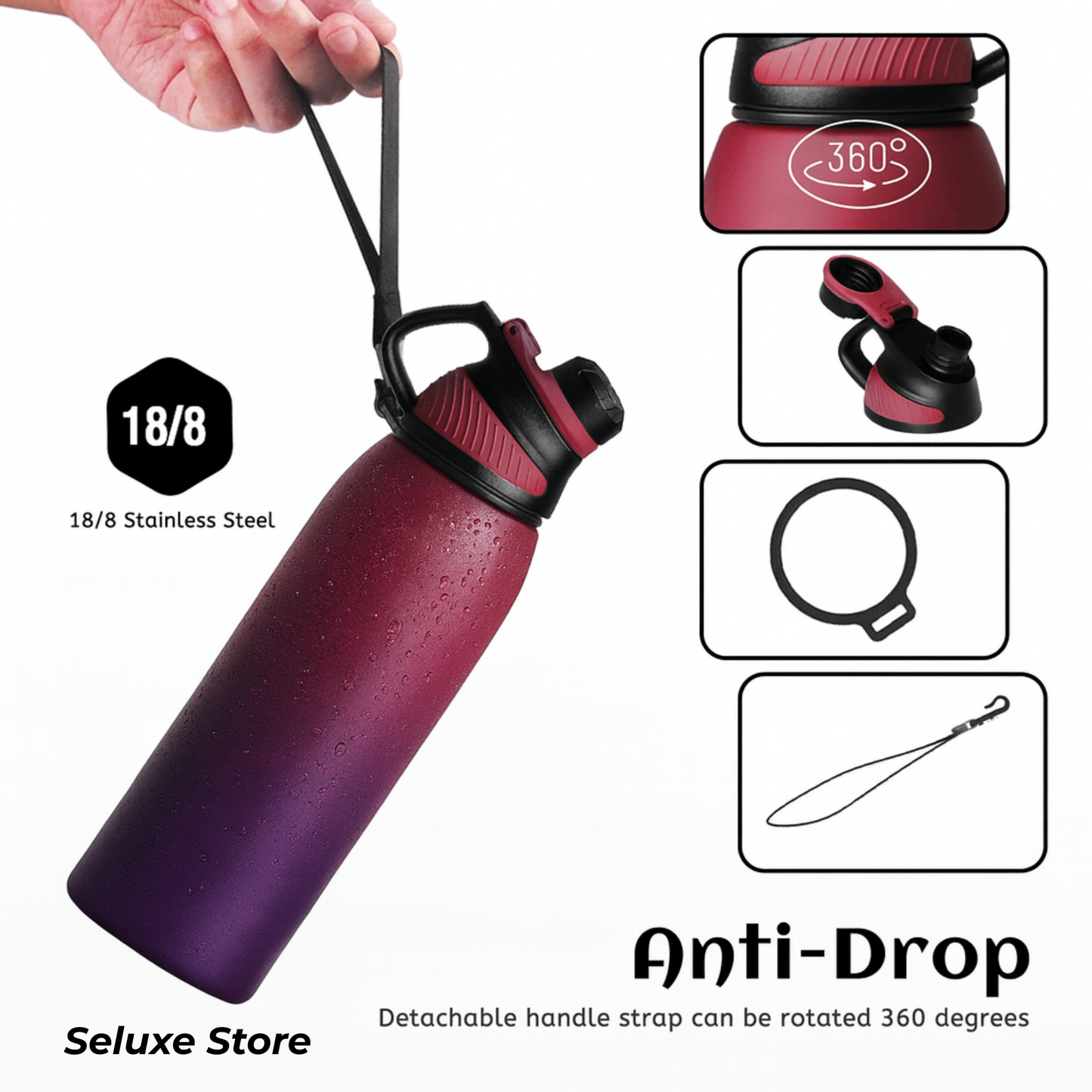 Magnetic Lid Stainless Steel Water Bottle – 34oz (1000ml) Leakproof Vacuum Flask for Sports & Outdoor