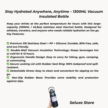 Large Capacity Stainless Steel Vacuum Insulated Water Bottle with Handle & Straw 1300ml – Hot & Cold Thermal Flask for Sports, Travel & Outdoor Use